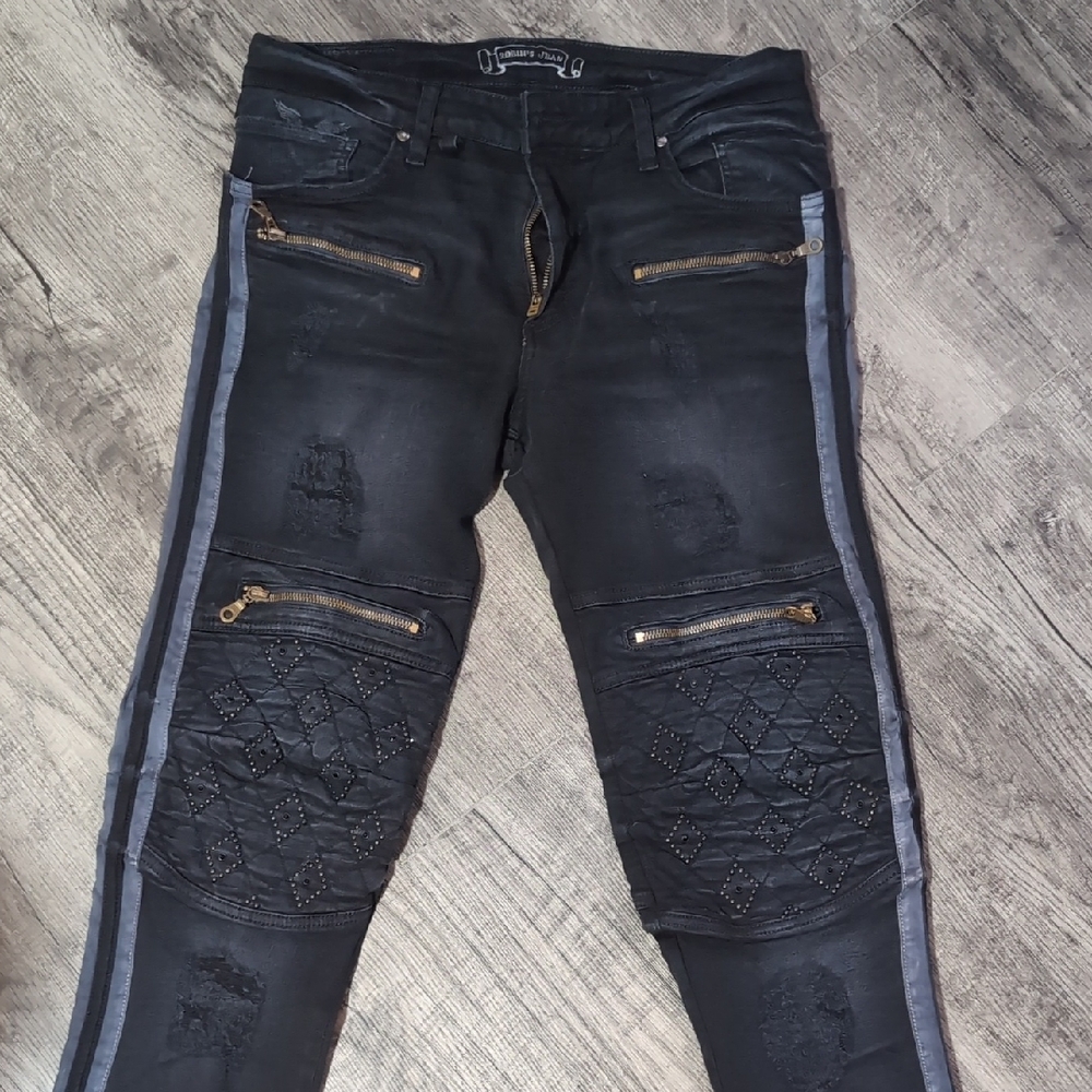 Robin"s Jeans Black Biker Jeans with Quilted Detailsans Zipper Calf Leg 34X34